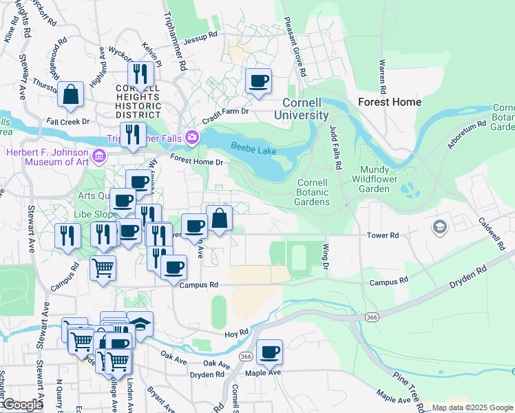 map of restaurants, bars, coffee shops, grocery stores, and more near 237 Mann Drive in Ithaca