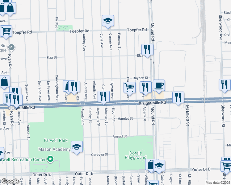 map of restaurants, bars, coffee shops, grocery stores, and more near 20735 Panama Street in Warren