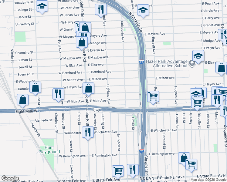 map of restaurants, bars, coffee shops, grocery stores, and more near 568 East George Avenue in Hazel Park