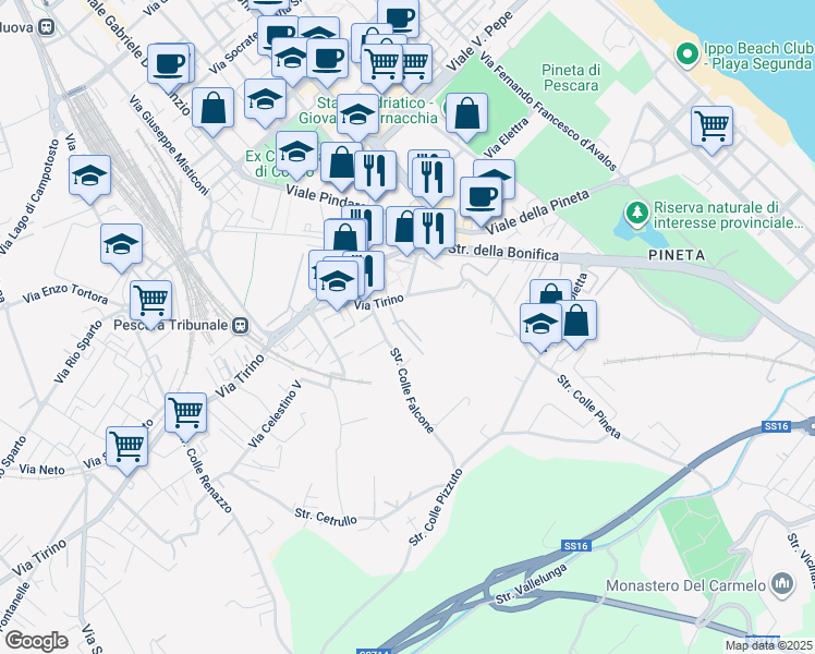 map of restaurants, bars, coffee shops, grocery stores, and more near Via Lago di Varano in Pescara