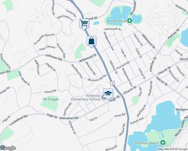 map of restaurants, bars, coffee shops, grocery stores, and more near 15 Blossom Hill Road in Winchester
