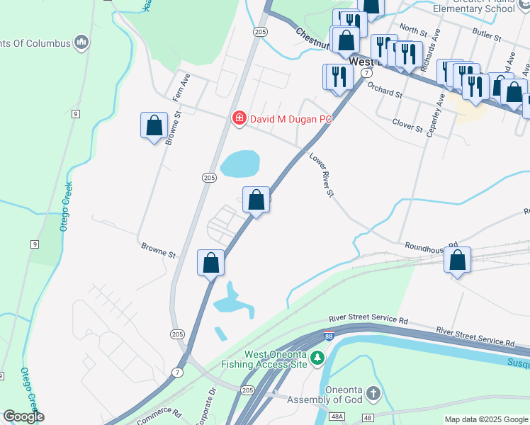 map of restaurants, bars, coffee shops, grocery stores, and more near 105 Oneida Street in Oneonta