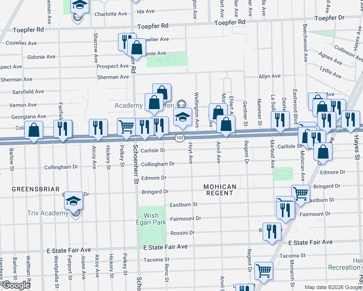 map of restaurants, bars, coffee shops, grocery stores, and more near 13880 Carlisle Street in Detroit