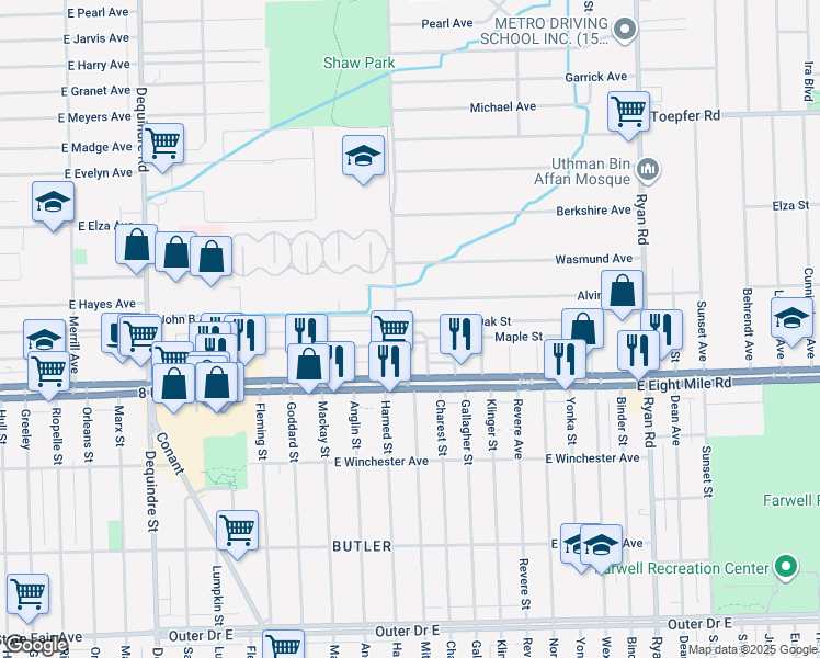 map of restaurants, bars, coffee shops, grocery stores, and more near 20785 Schultes Avenue in Warren