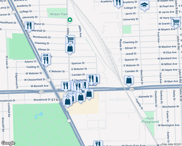 map of restaurants, bars, coffee shops, grocery stores, and more near 840 Camden Street in Ferndale