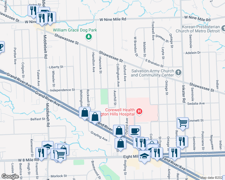 map of restaurants, bars, coffee shops, grocery stores, and more near in Farmington Hills