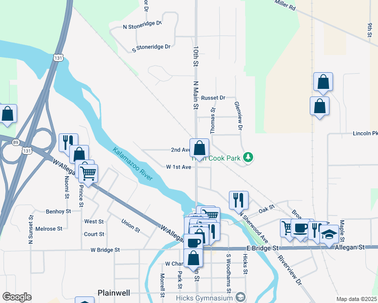 map of restaurants, bars, coffee shops, grocery stores, and more near 517 North Main Street in Plainwell