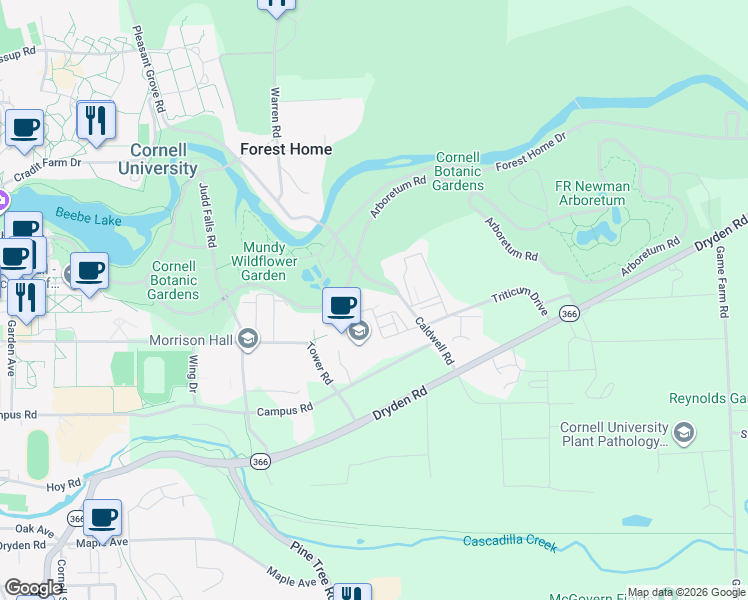 map of restaurants, bars, coffee shops, grocery stores, and more near 240 Farrier Road in Ithaca