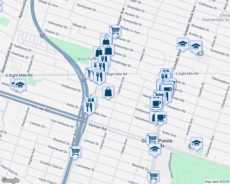 map of restaurants, bars, coffee shops, grocery stores, and more near 20948 Canton Avenue in Harper Woods