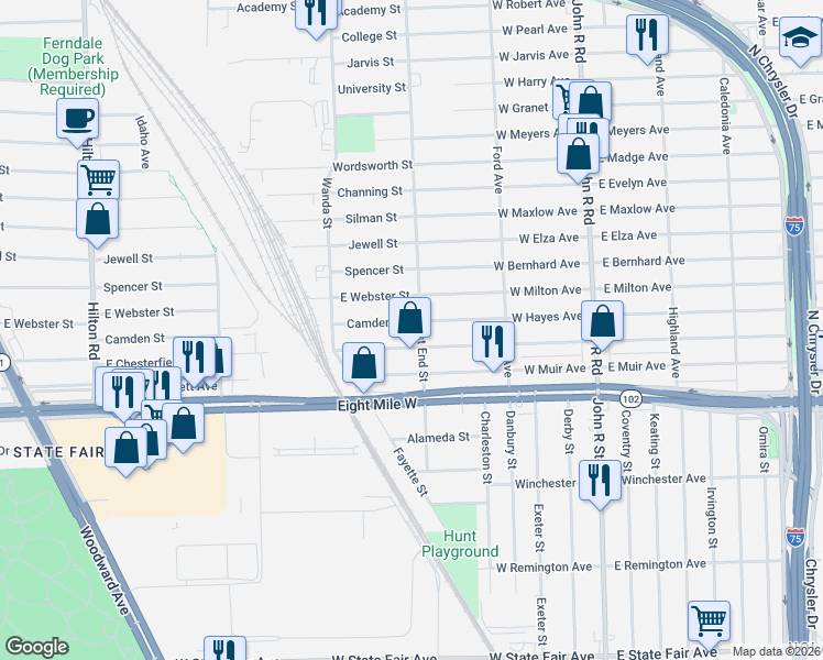 map of restaurants, bars, coffee shops, grocery stores, and more near 1461 East Chesterfield Street in Ferndale