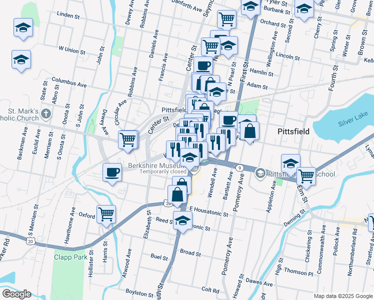 map of restaurants, bars, coffee shops, grocery stores, and more near 5 North Street in Pittsfield
