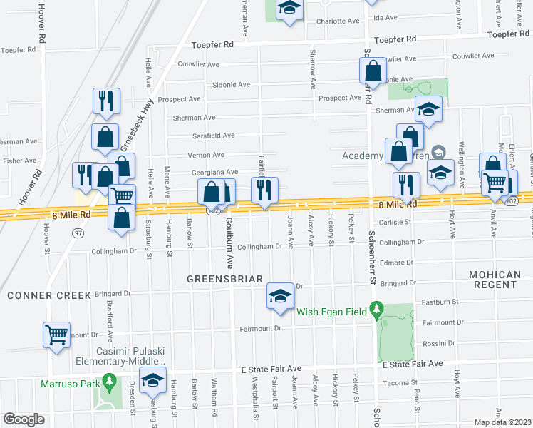 map of restaurants, bars, coffee shops, grocery stores, and more near 12930 East 8 Mile Road in Detroit