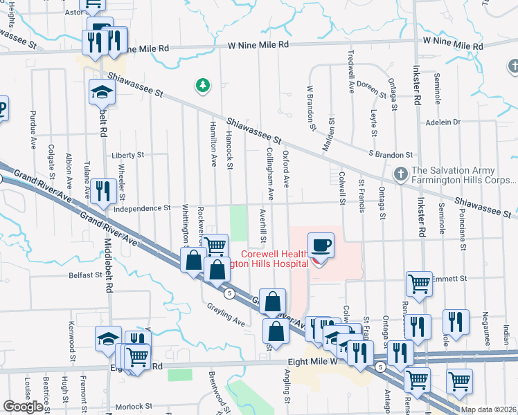 map of restaurants, bars, coffee shops, grocery stores, and more near 21431 Collingham Avenue in Farmington Hills