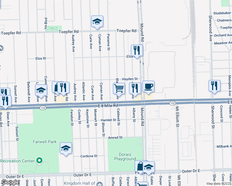 map of restaurants, bars, coffee shops, grocery stores, and more near 20763 Blackmar Avenue in Warren