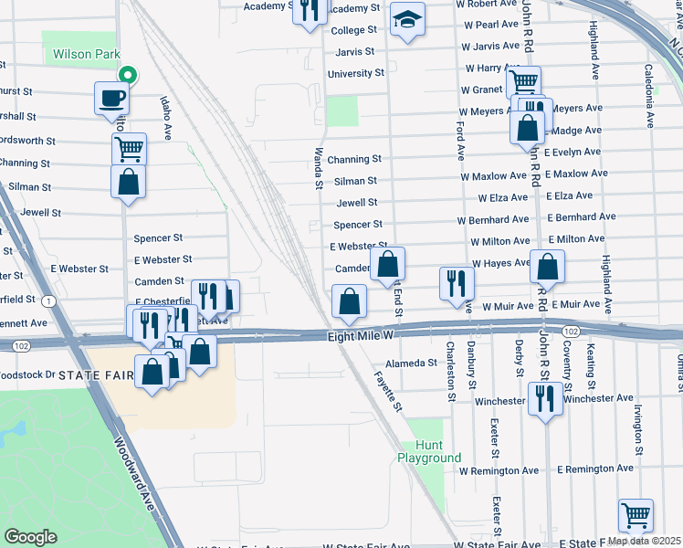 map of restaurants, bars, coffee shops, grocery stores, and more near 1380 Camden Street in Ferndale