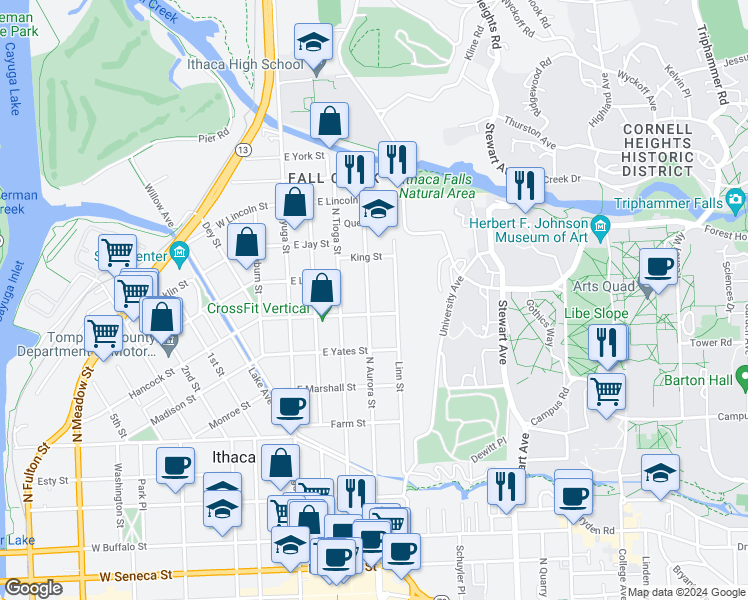 map of restaurants, bars, coffee shops, grocery stores, and more near 809 North Aurora Street in Ithaca