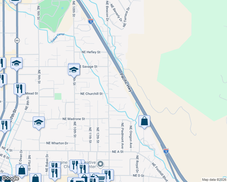 map of restaurants, bars, coffee shops, grocery stores, and more near 1400 Northeast View Drive in Grants Pass