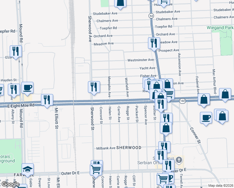 map of restaurants, bars, coffee shops, grocery stores, and more near 7047 East 8 Mile Road in Warren