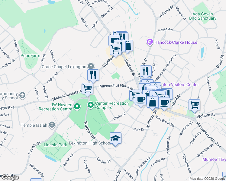 map of restaurants, bars, coffee shops, grocery stores, and more near 53 Forest Street in Lexington