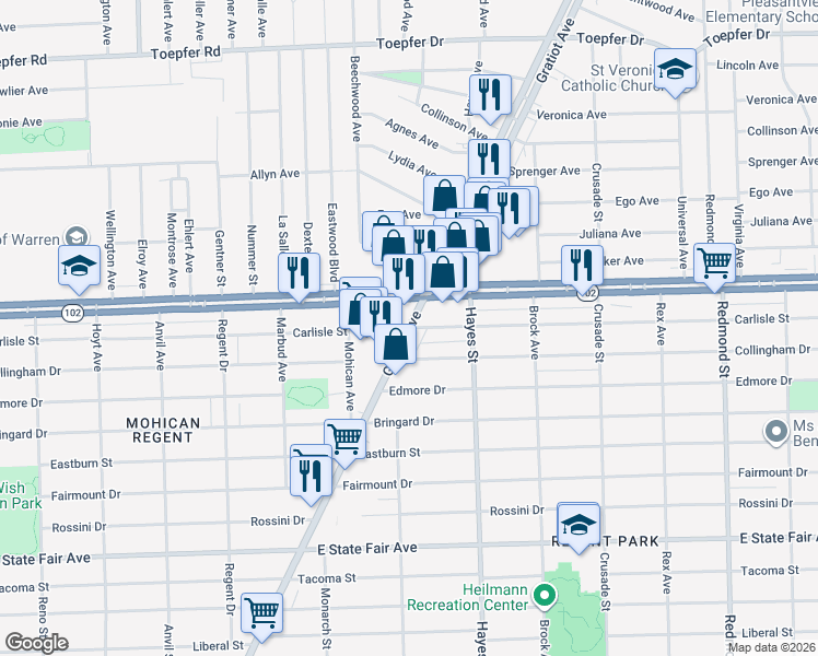 map of restaurants, bars, coffee shops, grocery stores, and more near in Detroit