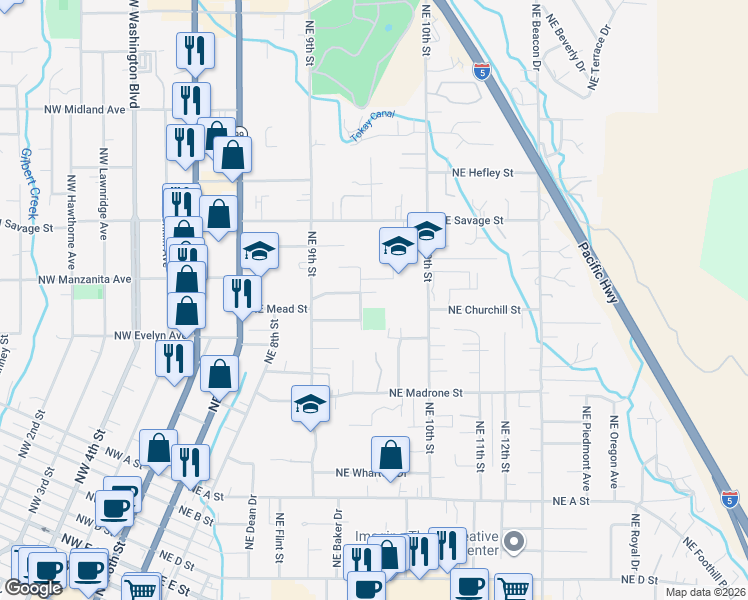 map of restaurants, bars, coffee shops, grocery stores, and more near 1001 Northeast Memorial Drive in Grants Pass