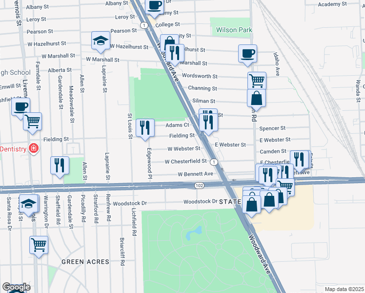 map of restaurants, bars, coffee shops, grocery stores, and more near 231 West Webster Street in Ferndale
