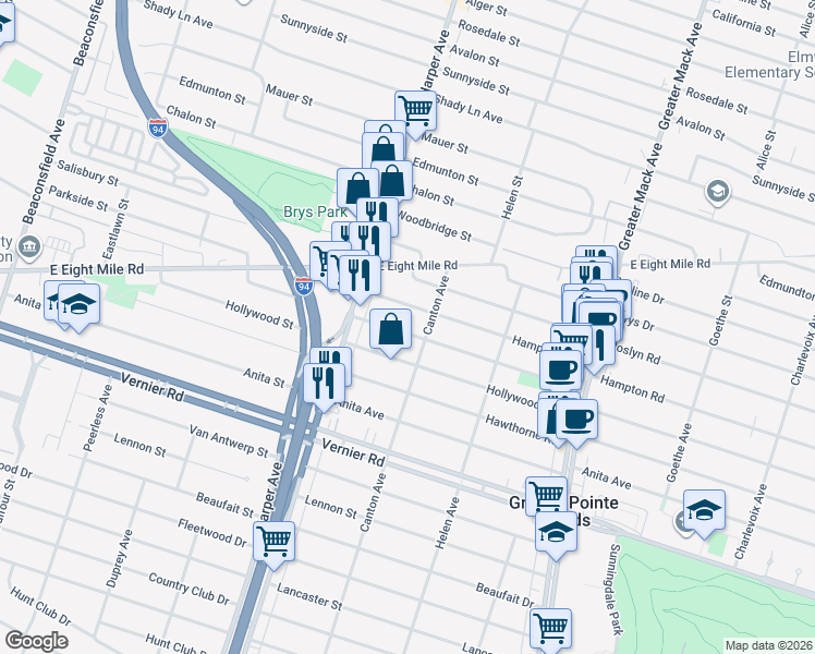 map of restaurants, bars, coffee shops, grocery stores, and more near 20948 Canton Avenue in Harper Woods