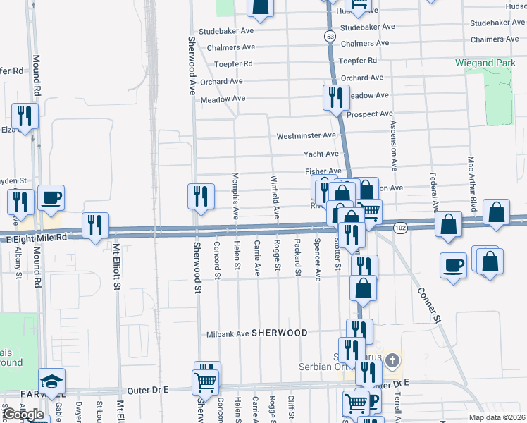 map of restaurants, bars, coffee shops, grocery stores, and more near 7047 East 8 Mile Road in Warren