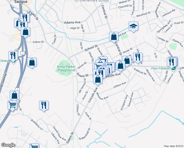 map of restaurants, bars, coffee shops, grocery stores, and more near 51 Essex Street in Saugus
