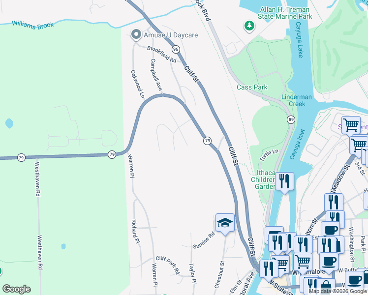 map of restaurants, bars, coffee shops, grocery stores, and more near 406 Campbell Avenue in Ithaca