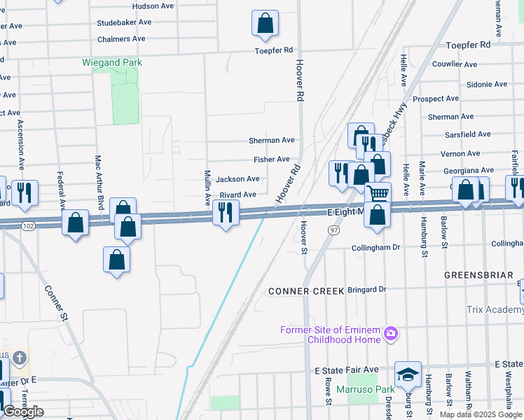 map of restaurants, bars, coffee shops, grocery stores, and more near 11 East 8 Mile Road in Detroit