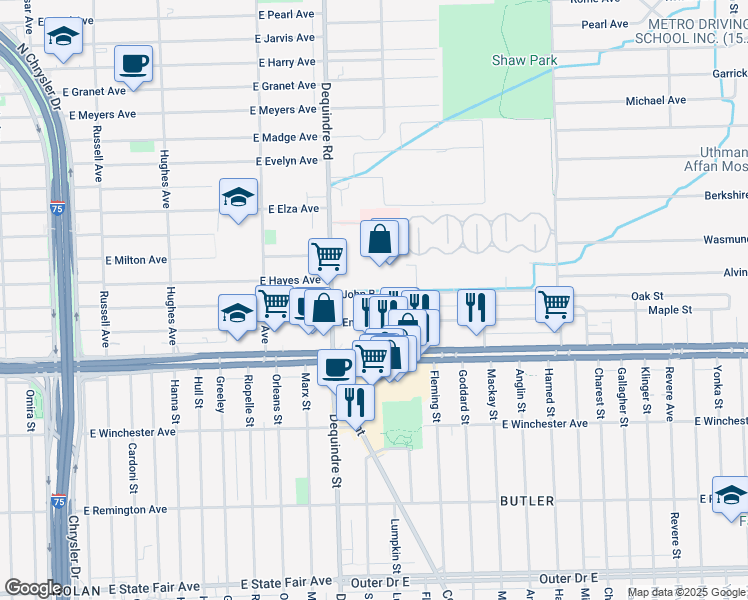 map of restaurants, bars, coffee shops, grocery stores, and more near 1963 Emmons Avenue in Warren