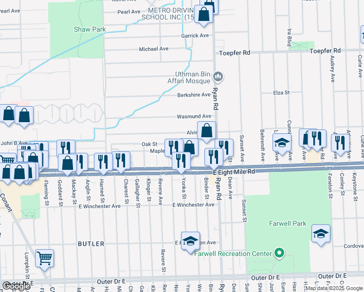 map of restaurants, bars, coffee shops, grocery stores, and more near 3812 Maple Street in Warren