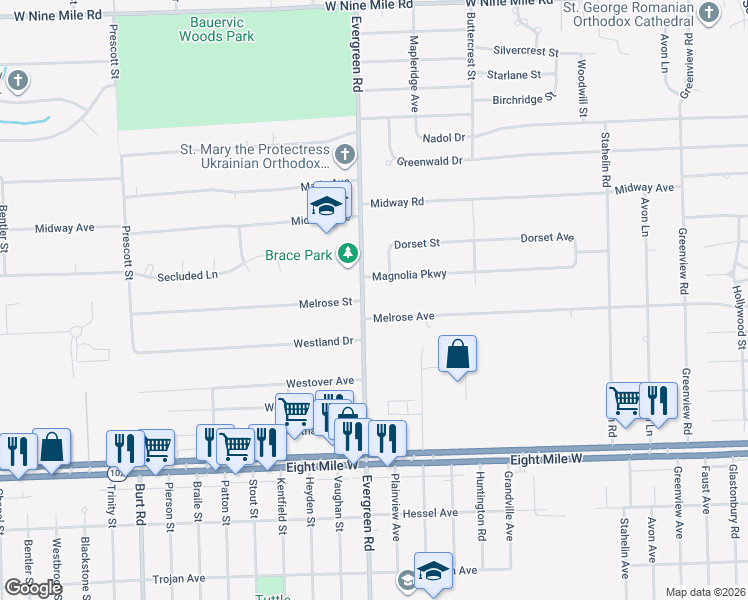 map of restaurants, bars, coffee shops, grocery stores, and more near 19890 Melrose Avenue in Southfield