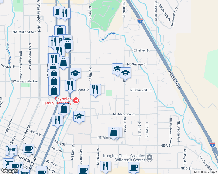map of restaurants, bars, coffee shops, grocery stores, and more near 1001 Northeast Memorial Drive in Grants Pass
