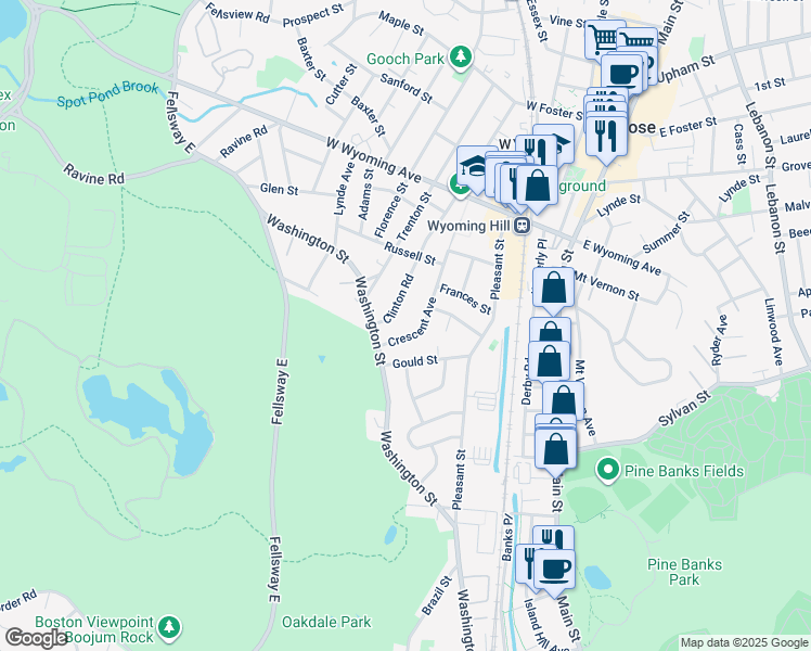 map of restaurants, bars, coffee shops, grocery stores, and more near 15 Crescent Avenue in Melrose