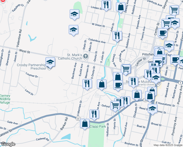 map of restaurants, bars, coffee shops, grocery stores, and more near 45 Merriam Street in Pittsfield