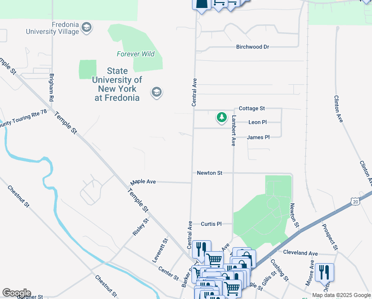 map of restaurants, bars, coffee shops, grocery stores, and more near 154 Central Avenue in Fredonia