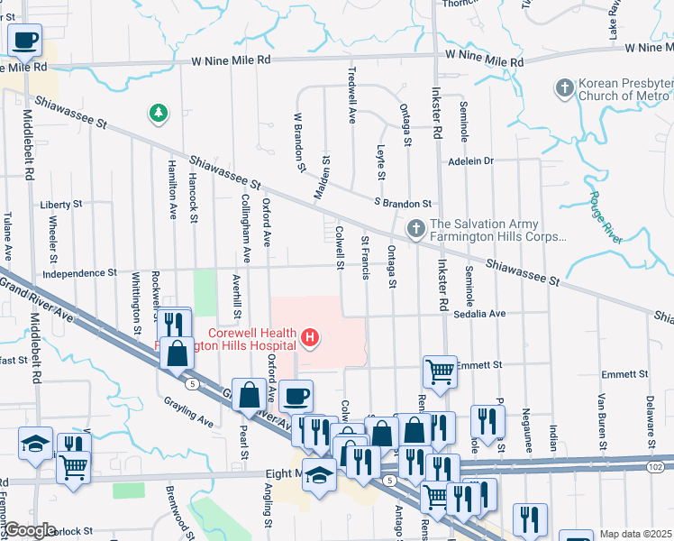 map of restaurants, bars, coffee shops, grocery stores, and more near 21364 Colwell Street in Farmington Hills