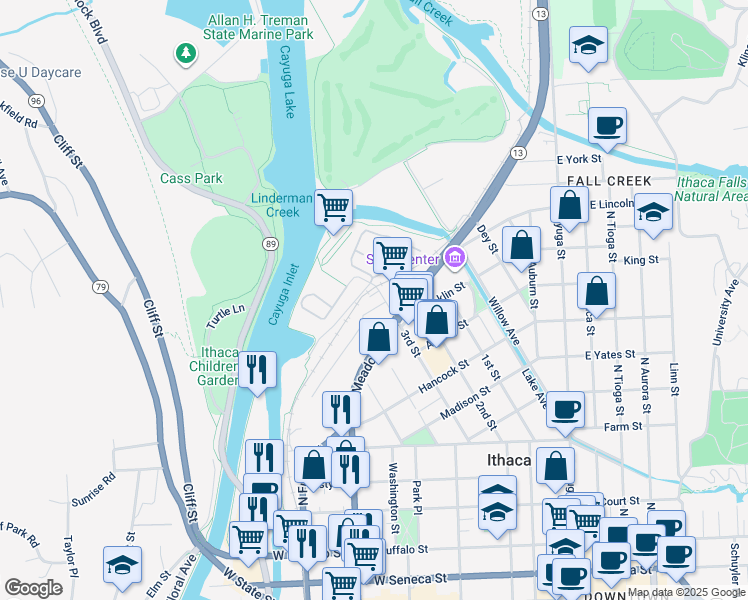 map of restaurants, bars, coffee shops, grocery stores, and more near 102 Cayuga Park Lane in Ithaca