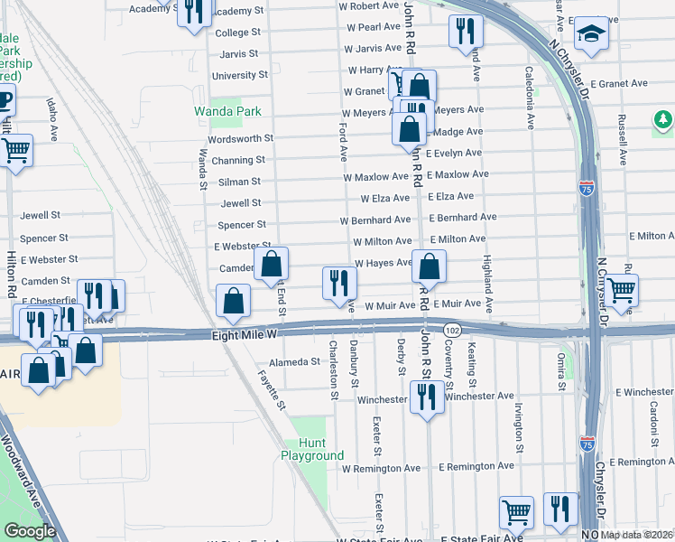 map of restaurants, bars, coffee shops, grocery stores, and more near 353 West George Avenue in Hazel Park