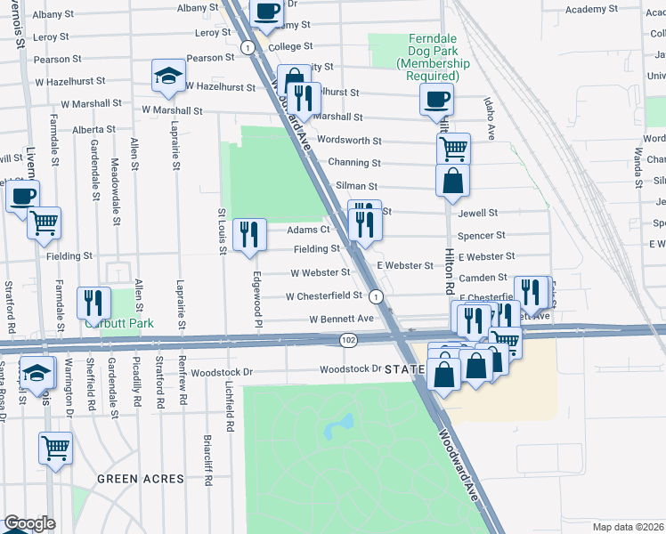 map of restaurants, bars, coffee shops, grocery stores, and more near 231 West Webster Street in Ferndale