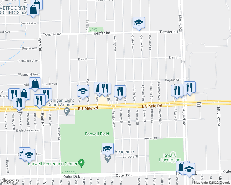 map of restaurants, bars, coffee shops, grocery stores, and more near 20781 Audrey Avenue in Warren