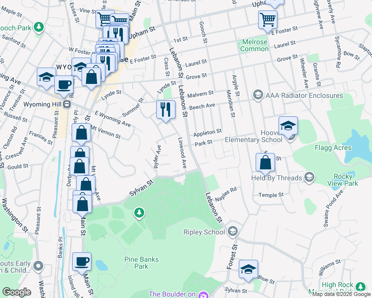 map of restaurants, bars, coffee shops, grocery stores, and more near 24 Linwood Avenue in Melrose