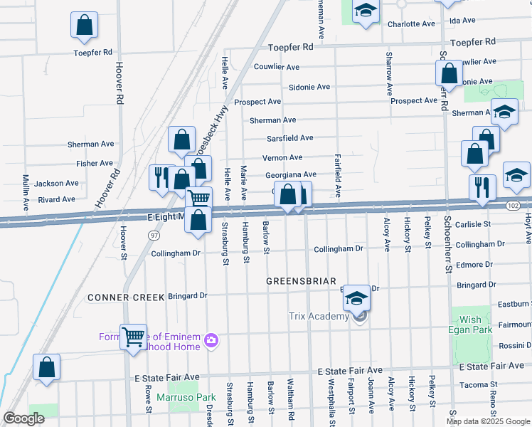 map of restaurants, bars, coffee shops, grocery stores, and more near East 8 Mile Road & Barlow Street in Warren
