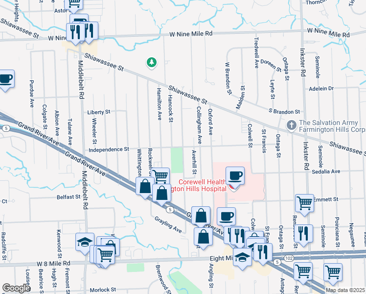 map of restaurants, bars, coffee shops, grocery stores, and more near Independence Street in Farmington Hills