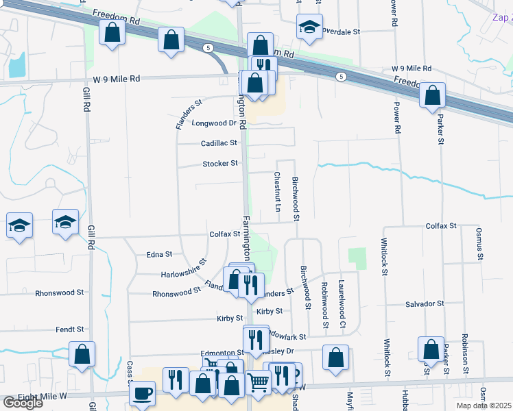 map of restaurants, bars, coffee shops, grocery stores, and more near 33144 Tall Oaks Street in Farmington