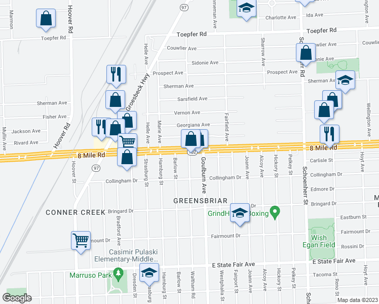 map of restaurants, bars, coffee shops, grocery stores, and more near E 8 Mile Rd & Waltham Ave in Warren