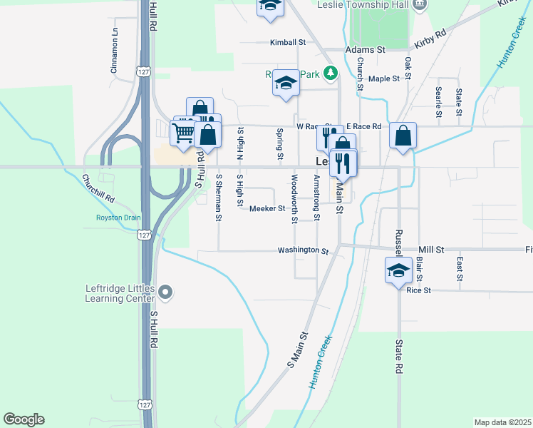 map of restaurants, bars, coffee shops, grocery stores, and more near 407 Meeker Street in Leslie
