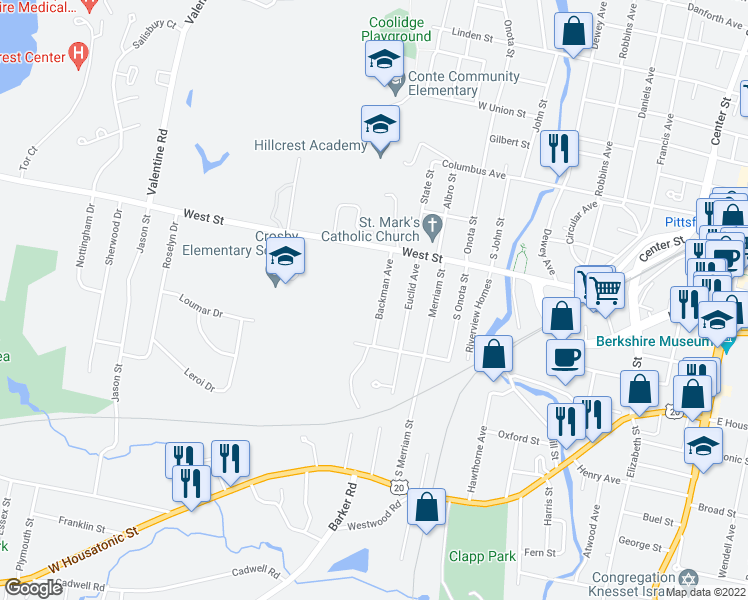 map of restaurants, bars, coffee shops, grocery stores, and more near 64 Backman Avenue in Pittsfield